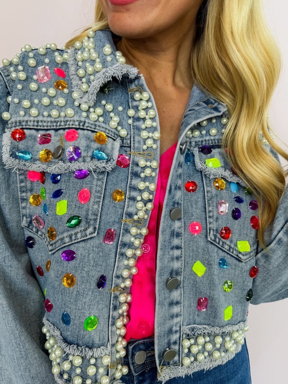 Bling Denim Pearl Jacket Embellished w/ Jewels